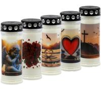 hORECA CANDLES Bougies funéraires durée de combustion 7 jours - Set de 5 bougies blanches avec couvercle - Bougies funéraires avec motif