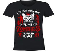 HOREUDAR 6Tn Ladies Fitted I Would Push You in Front of Zombies to Save My Cat Men's T Shirt Black L