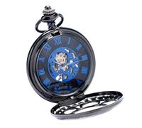HORIALENCE Montre de Poche Mécanique Rétro en Alliage Noir Chaîne Suspendue Cadran Squelette à Chiffres Romains Style Vintage pour Homme et Femme Montre Gousset Précise et Élégante