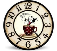 Horienteeon But First Coffee Horloges murales en bois, horloge murale silencieuse sans tic-tac 25 cm, horloge murale rustique pour chambre à coucher, salle de bain, salon, grotte de filles, école