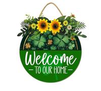 Horienteeon Décoration de la Saint-Patrick en bois avec trèfle « Welcome To Our Home » - Couronne de porte d'entrée pour porte d'entrée - Suspension murale d'intérieur ou d'extérieur - Décoration de