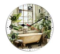 Horienteeon Horloge murale de salle de bain aquarelle baignoire ho*t tu*b animaux toilettes en bois silencieux sans tic-tac, horloge en bois à piles pour chambre à coucher, salle de bain, salon