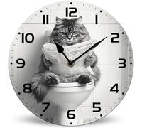 Horienteeon Horloge murale en bois avec motif chat lisant le journal - 25 cm - Fonctionne à piles - Sans tic-tac - Décoration de ferme - Pour salle de bain, toilettes, toilettes