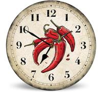 Horienteeon Horloge murale en bois avec motif piments du Sud-Ouest - Silencieuse - Sans tic-tac - Fonctionnement à piles - 25 cm - Vintage - Décoration pour salle de bain - Cadeau unique