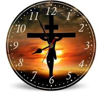 Horienteeon Horloge murale en bois silencieuse à piles avec prière de Jésus - 25 cm - Décoration murale rustique pour bureau, salon, chambre à coucher ou cuisine - Motif croix du crépuscule de Jésus