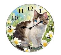 Horienteeon Horloge murale en forme de chat et de fleur, horloge à ressort pour salon, horloge murale florale facile à lire pour chambre d'enfant, salle de bain et cuisine, ronde, 25,4 cm