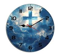Horienteeon Horloge murale en forme de croix de Dieu Jésus - Bible - Nuages sacrés - Évangile religieux - En bois - Pour cuisine, salon - Silencieuse - Sans tic-tac - Horloge décorative à piles - Pour