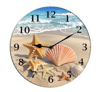 Horienteeon Horloge murale en forme d'étoile de mer, paysage de plage festonnée, horloge murale en bois pour salon, salle de bain, horloge à piles, horloge silencieuse sans tic-tac, décoration de