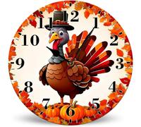 Horienteeon Horloge murale pour salle de bain, jolie horloge murale en forme de feuille d'érable de Turquie de dessin animé, silencieuse, sans tic-tac, horloge murale ronde en bois de 25 cm, horloge
