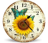 Horienteeon Horloge murale rétro tournesol papillon 25 cm, silencieuse, sans tic-tac, décoration de salle de classe, horloge murale rustique pour salle de bain, cuisine, salle à manger, cuisine