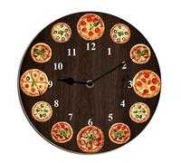 Horienteeon Horloge murale ronde à pizza de 25,4 cm - Silencieuse sans tic-tac - Style rétro - Cadran marron - Cadre en bois - Fonctionne avec piles - Idéale pour la décoration de la maison