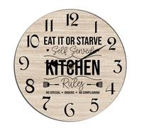 Horienteeon Horloge murale ronde en bois avec citation en anglais « Kitchen Rules » - 25,4 cm - Facile à lire - Pour chambre à coucher, salle de bain et pendaison de crémaillère