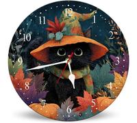 Horienteeon Horloge murale ronde en bois de 25 cm avec motif de chat et feuille d'érable - Fonctionnement à piles - Sans tic-tac - Pour décoration d'intérieur, salon, cuisine, bureau