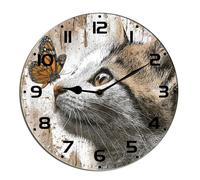 Horienteeon Horloge murale vintage en bois motif chat et papillon pour cuisine, salle de bain, horloge décorative silencieuse sans tic-tac, fonctionne à piles, décoration ronde, 25,4 cm