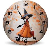 Horienteeon Jolie poupée de sorcière en forme de feuille d'érable - Horloge murale ronde silencieuse en bois sans tic-tac - 25 cm - Horloges murales décoratives pour salon, cuisine, salle de bain