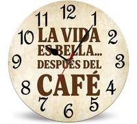 Horienteeon La Vida Es Bella Despues Del Cafe Horloge murale ronde en bois 25 cm, silencieuse, mouvement à quartz sans tic-tac, horloge murale décorative d'intérieur à piles