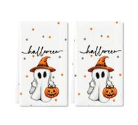 Horienteeon Lot de 2 serviettes de cuisine d'Halloween, essuie-mains blancs, fantôme mignon, citrouille, point de vague, serviettes à main, serviettes multi-usages, décoration d'Halloween, cadeaux de