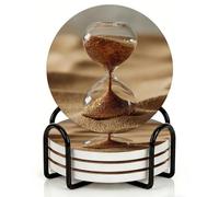 Horienteeon Lot de 4 dessous de verre avec support en métal, 10,3 cm, dessous de verre antidérapants en céramique avec base en liège, sablier de sable sur la plage, ensemble de sous-verres pour tasse
