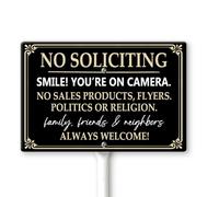 Horienteeon Panneau de cour avec piquets « No Soliciting Smile You're On Camera » - 30 x 20 cm - En aluminium robuste - Antirouille - Panneau « Go Away » pour l'extérieur