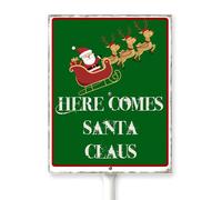 Horienteeon Panneau de cour de Noël « Here Comes Santa Claus » - Panneau de pelouse en aluminium avec piquet - Jardins d'hiver de Noël, rue, quartier - Décoration d'extérieur robuste pour la maison et