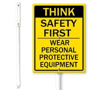 Horienteeon Panneau de cour Think Safety First - Wear Personal Protective Equipment avec piquets 11,5 × 15 cm, panneau de cour robuste en aluminium antirouille, panneau d'avertissement Stree