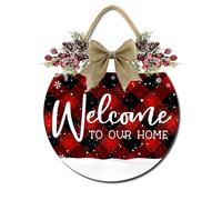 Horienteeon Panneau de Noël rouge à carreaux « Welcome to Our Home » pour porte d'entrée, couronne de Noël en bois, décoration rustique pour maison et ferme, 28 cm