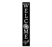 Horienteeon Panneau de porche en bois « Welcome Y'all » noir - 20 x 120 cm - Décoration florale en bois - Décoration verticale à suspendre pour porte d'entrée