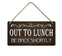 Horienteeon Panneau de porte « Out To Lunch », « Be Back Shortly » en bois à suspendre pour intérieur ou extérieur, porche, décoration murale, 20,3 x 40,6 cm