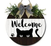 Horienteeon Panneau de porte rond en bois avec motif chat de bienvenue pour porte d'entrée, porche, 28 cm, panneau rond en bois avec couronne à suspendre, cadeau pour amoureux des chats, décoration