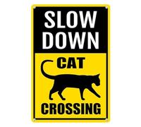 Horienteeon Panneau en aluminium, 20 × 30 cm, robuste, antirouille, « Slow Down - Cat Crossing », style vintage, jaune
