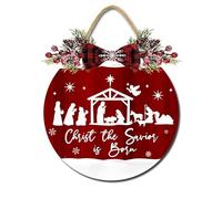 Horienteeon Panneau en bois à suspendre « Merry Christmas » - Décoration de crèche de Noël avec inscription « Jésus Christ le Sauveur est né » - Panneau rond en bois pour porte d'entrée - 30,5 cm