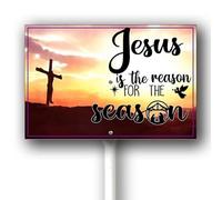 Horienteeon Panneau Jésus avec piquet Jésus Yard Sign Jesus Is The Reason For The Season - Panneau en aluminium robuste - 20,3 x 30,5 cm - Christ Jésus - Religion de Pâques - Foi patriotique - Jardin
