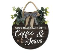 Horienteeon Panneau mural en bois « Good Days Start with Coffee & Jesus » pour cuisine, maison, bureau, café, station de café, cadeau de pendaison de crémaillère 28 cm