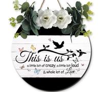 Horienteeon Panneau « This is Us Crazy Loud Love » pour porte d'entrée de 30 cm, décoration de couronne de bienvenue pour toutes les saisons, décoration de porche à suspendre pour ferme, maison