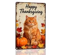 Horienteeon Panneau vintage en aluminium avec chat « Fall Happy Thanksgiving » - 14 x 20 cm - Panneau en aluminium robuste antirouille - Décoration de maison - Cadeau saisonnier