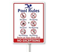 Horienteeon Pool Rules Signs Panneau « No Diving No Glass », « No Food No Pushing No Running No Peeing in Pool Swim at Your Own Risk » avec piquets 20 × 30 cm, panneau de cour en aluminium robuste