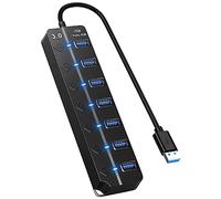 HORJOR Hub USB 3.0 7 Ports avec Interrupteur Séparé et LED, Multi Port USB Hub Alimenté Adaptateur pour Transfert Données De Données & Charge Rapide