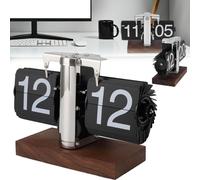 Horloge à Bascule, Horloge Table Rabattable Horloge Bureau Numérique Rétro 24 Heures Bouton Mécanique Automatique avec Base en Bois De Noyer Acier Inoxydable 304 Fonctionne avec Piles (Non Incluses)