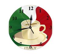 Horloge à café italienne expresso cappuccino avec drapeau italien, horloge murale ronde, 25,4 cm, silencieuse, sans tic-tac, horloge à suspendre pour décoration d'intérieur, salon, cuisine, chambre à
