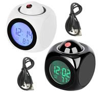 Horloge à projection LED avec affichage de l'heure rouge, affichage de la température, alertes vocales, forme de cube, alimenté par USB