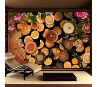 Horloge À Roue En Bois Vintage Fleur Végétale Papier Peint 3D Installation Facile Intissé Tapisserie Bureau Salon Canapé Chambre Décoration Murale-250cm×170cm