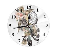 Horloge attrape-rêves attrape-rêves bohème avec plumes rose sauvage fleur feuille horloge murale ronde 10 pouces silencieuse sans tic-tac horloge suspendue pour décoration d'intérieur salon cuisine ch