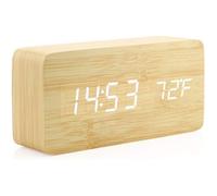 Horloge bois réveil LED USB commande vocale bambou multifonction
