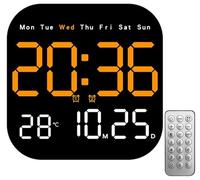 Horloge Carrée Autonome À Suspendre, Grande Horloge Murale Numérique avec Télécommande - Support Mural/Bureau avec Support Caché, Affichage Jour/température/Date, Minuterie(Orange)