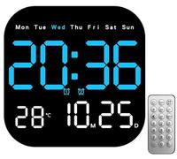 Horloge Carrée Autonome À Suspendre, Grande Horloge Murale Numérique avec Télécommande - Support Mural/Bureau avec Support Caché, Affichage Jour/température/Date, Minuterie(Blue)