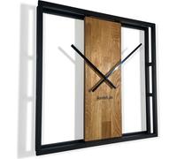 FLEXISTYLE Grande horloge murale carrée LOFT Square en métal et bois de 50 cm de diamètre, noire