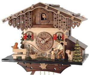 Horloge coucou mécanique chalet 1 jour bûcheron animé et petit chien 22 cm