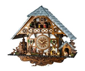 Horloge coucou mécanique musical 8 jours chalet enneigé bûcheron et danseurs 43 cm