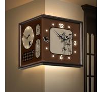 Horloge d'angle double face - Grande horloge murale décorative pour salon et chambre à coucher - Capteur lumineux - Design élégant