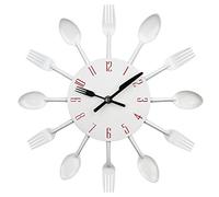 Horloge de cuisine effet miroir avec cuillère, fourchette, autocollant amovible en 3D pour la décoration de la maison 32*32*4CM blanc